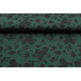 French Terry Green & Black Flowers tannengrün