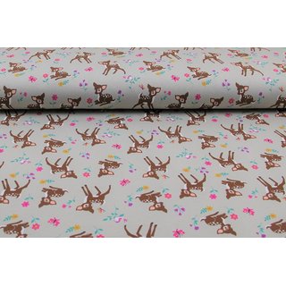 Jersey Bambi mit Blumen taupe hell