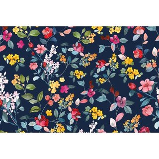 French Terry Digitalprint bunte Blumenzweige dunkelblau